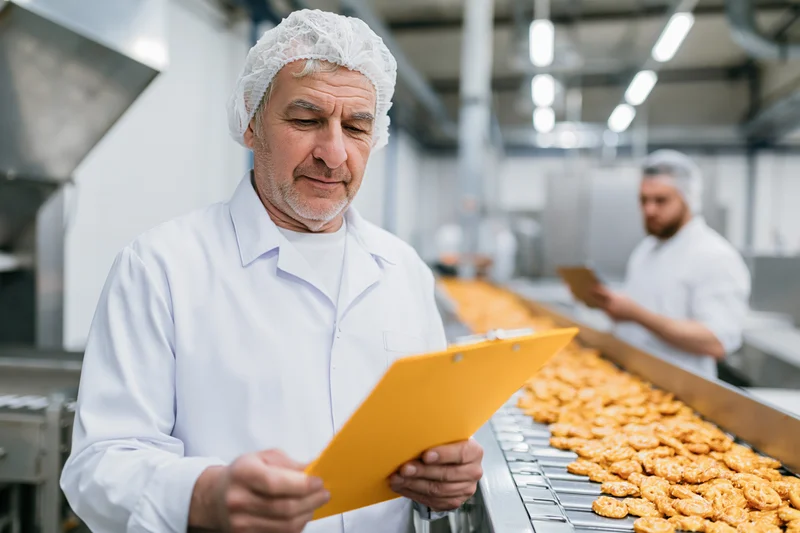 Senior man in white hygiene uniform inspecting baked goods on conveyor line in food factory