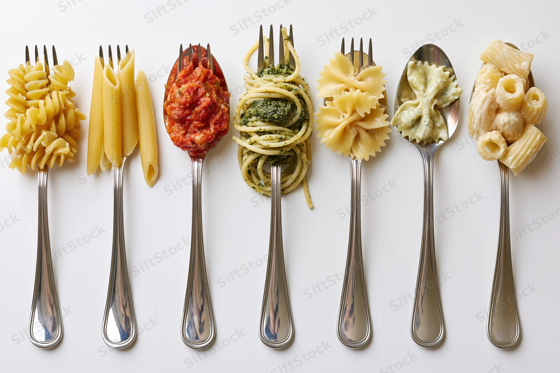 Seven forks and spoons in a row each holding different pasta shapes and sauces on a white surface