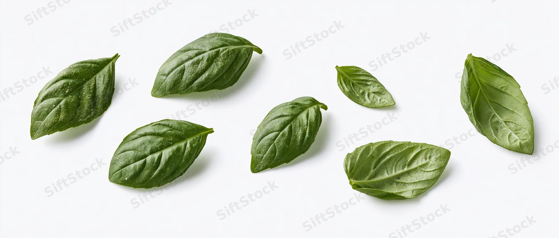Fresh basil leaves scattered on a white surface