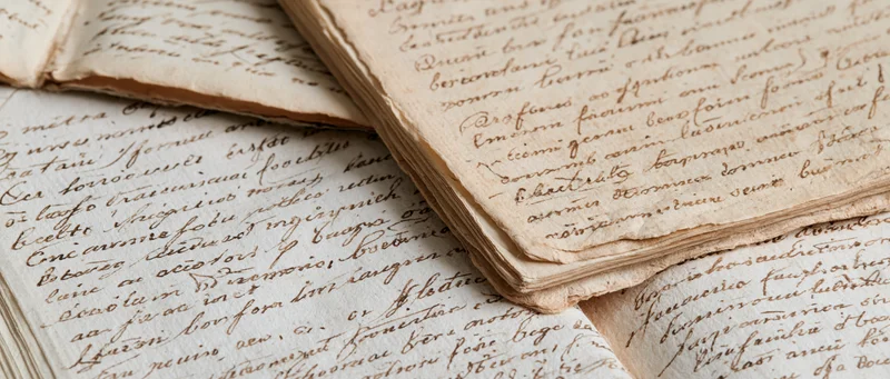 Aged handwritten letters and an open journal spread on a textured surface