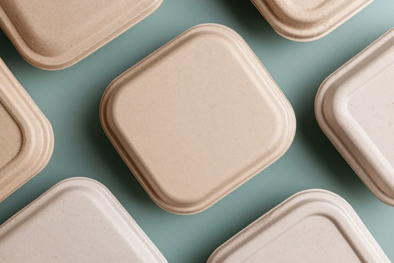 Closed kraft pulp takeaway food containers arranged on a teal surface