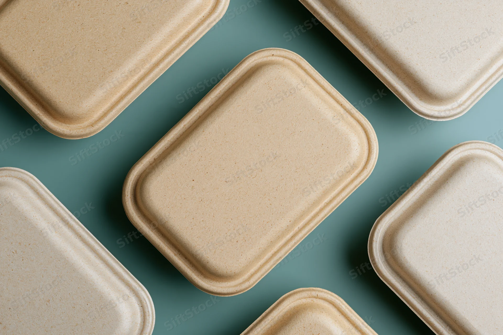 Closed kraft pulp takeaway food containers arranged in a flat lay on a teal surface