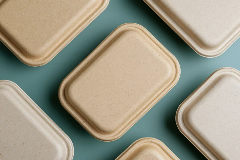 Closed kraft pulp takeaway food containers arranged in a flat lay on a teal surface