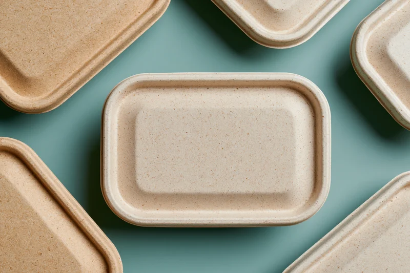 Closed kraft pulp takeaway food containers arranged in a pattern on a blue surface