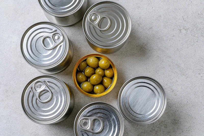 Overhead view of several closed tin cans and one open can of green olives on a light countertop