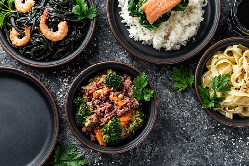 Several dark ceramic plates with different meals arranged on a black textured stone surface