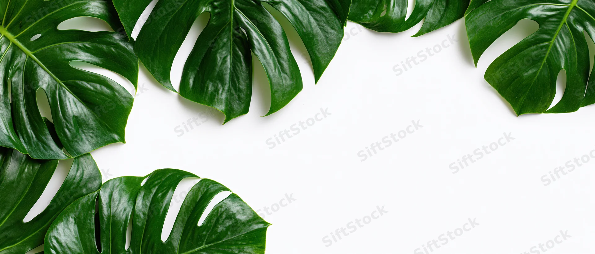 Monstera leaves arranged in clusters along the edges of a white surface, leaving central copyspace