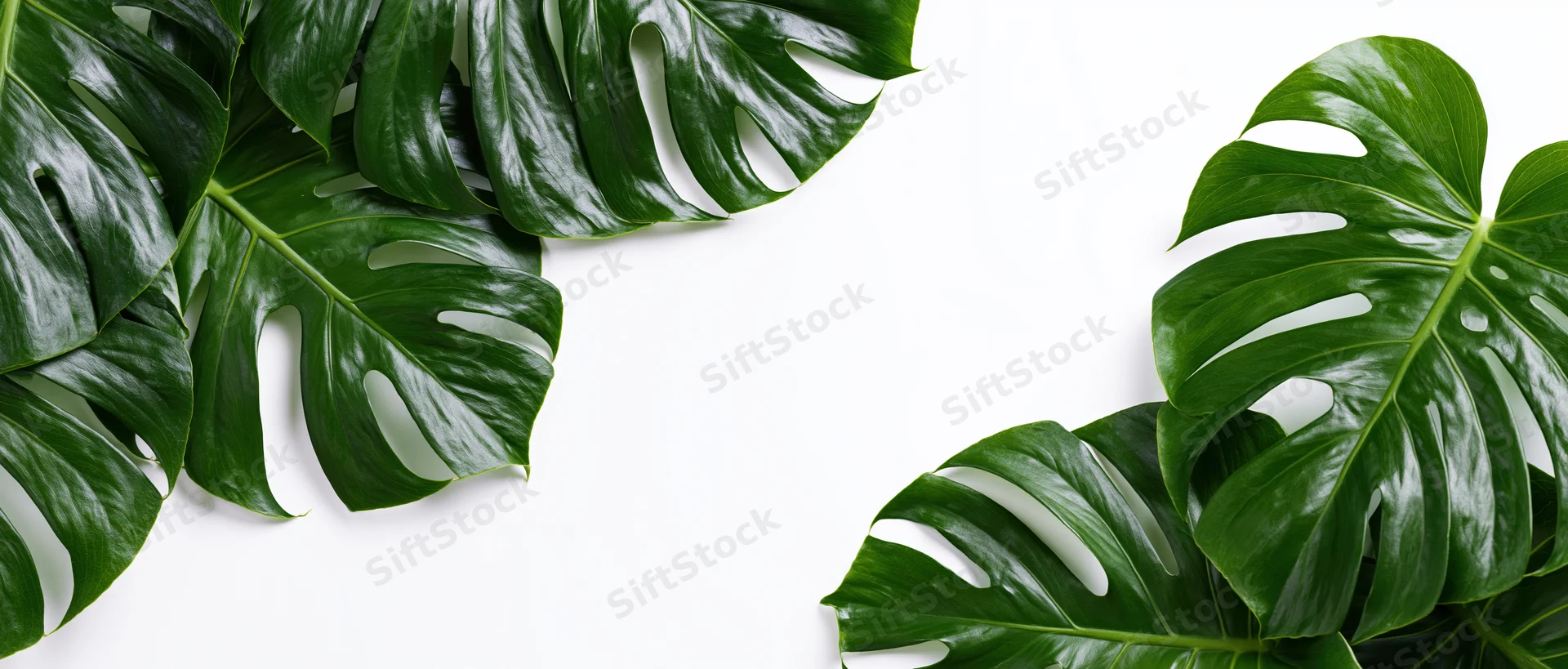 Monstera leaves arranged in clusters on white background