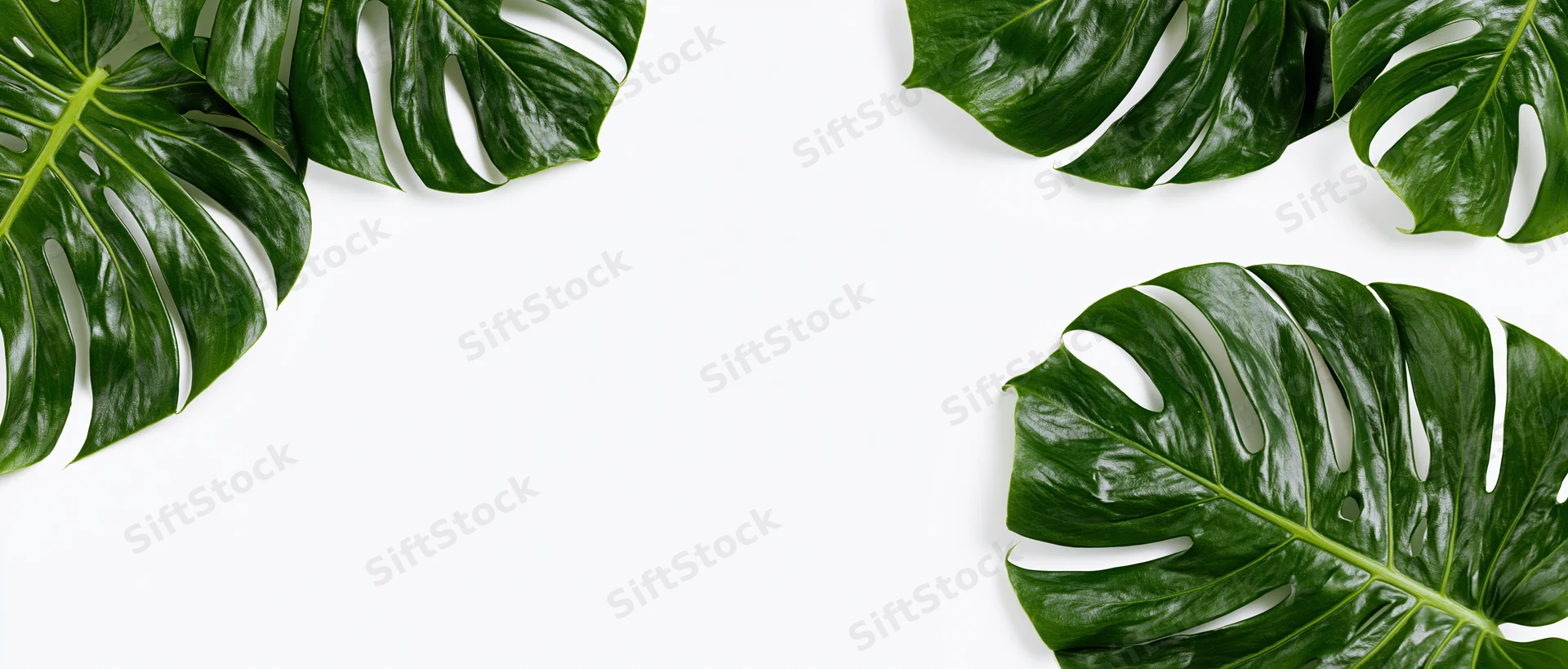 Monstera leaves arranged in clusters on white background with copyspace