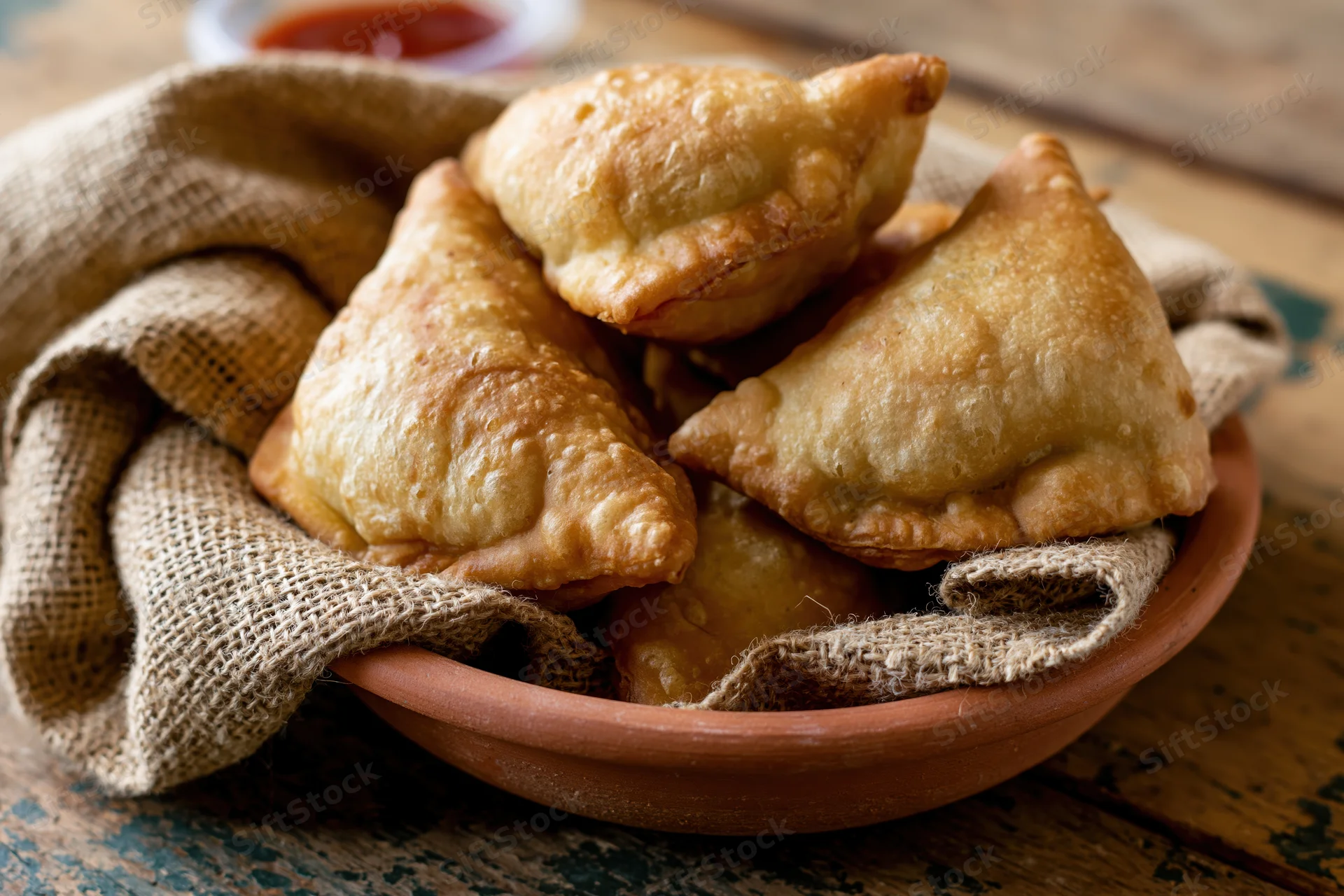 Golden-brown fried samosas piled in a terracotta bowl lined with burlap on a rustic wooden table
