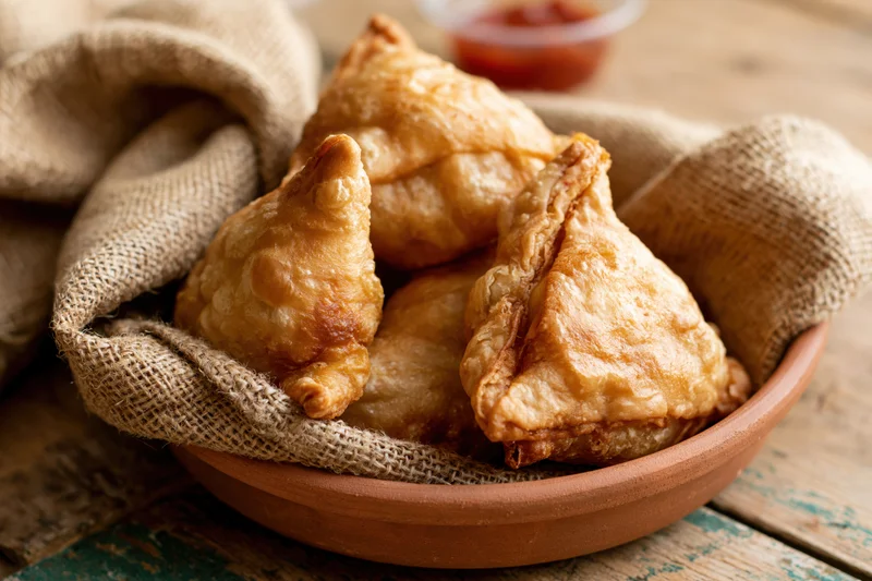Golden-brown fried samosas piled in a terracotta bowl lined with burlap cloth on a wooden table