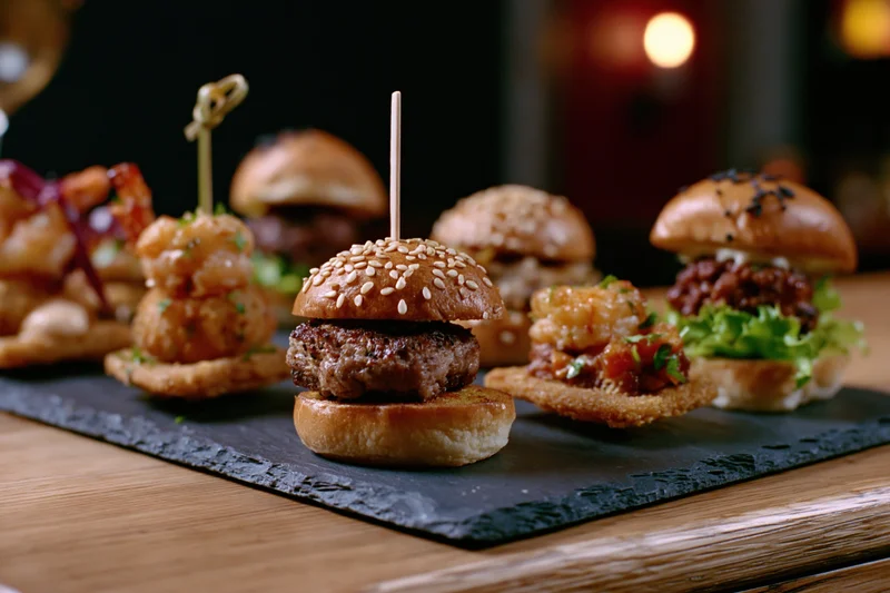 Gourmet mini sliders and bite-sized appetizers arranged on a slate platter on a wooden table