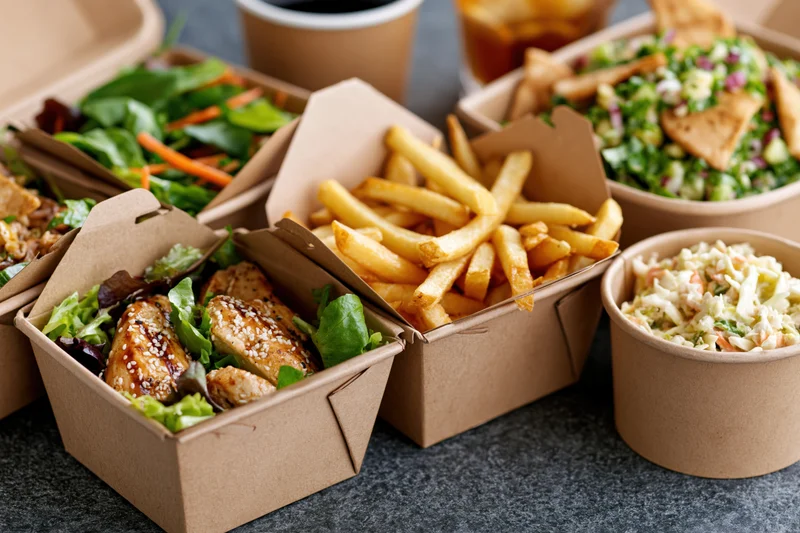 Kraft paper takeout boxes filled with chicken salad, french fries, coleslaw and drinks arranged on a gray surface