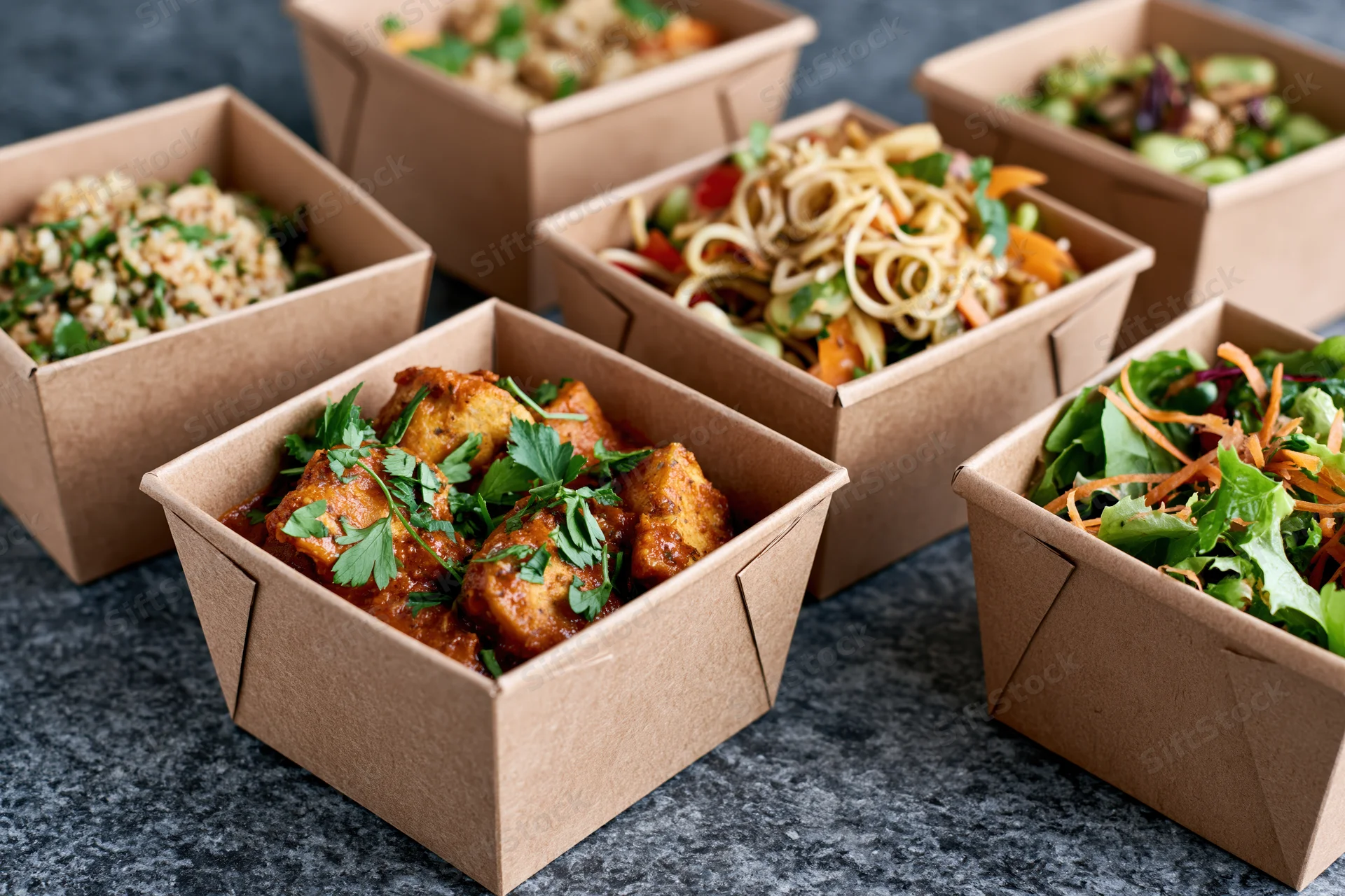 Several kraft paper takeout containers filled with prepared meals arranged on a dark surface