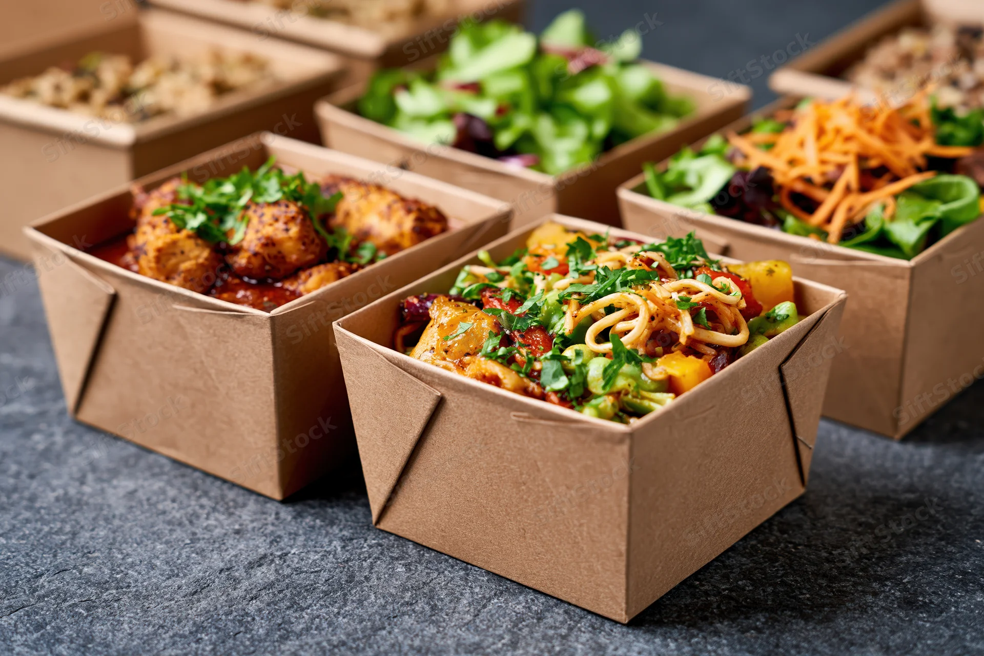 Several kraft paper takeout containers filled with prepared meals arranged on a dark stone surface