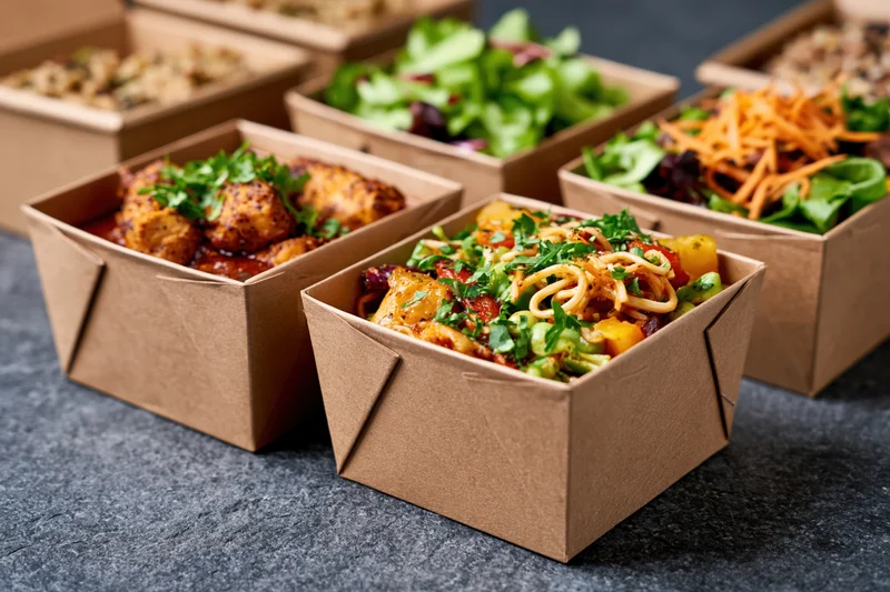 Several kraft paper takeout containers filled with prepared meals arranged on a dark stone surface