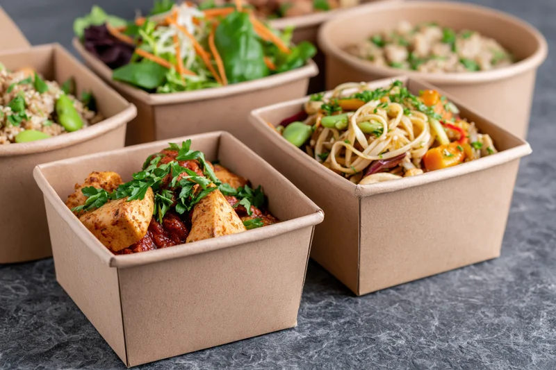 Several kraft paper takeout containers filled with prepared meals arranged on a dark surface