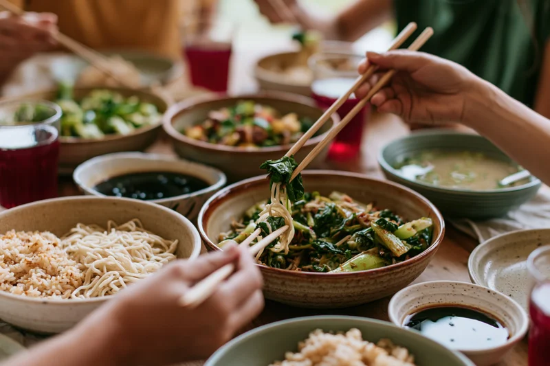 Hands using chopsticks to eat noodles and vegetables from ceramic bowls at a shared dining table