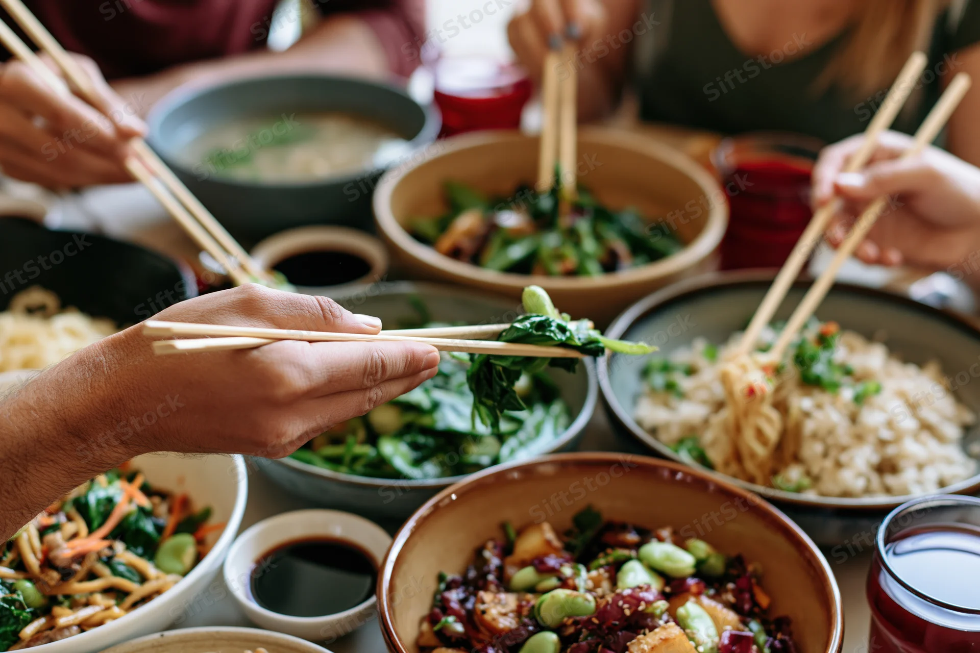 People sharing asian dishes at a dining table with chopsticks and bowls of food