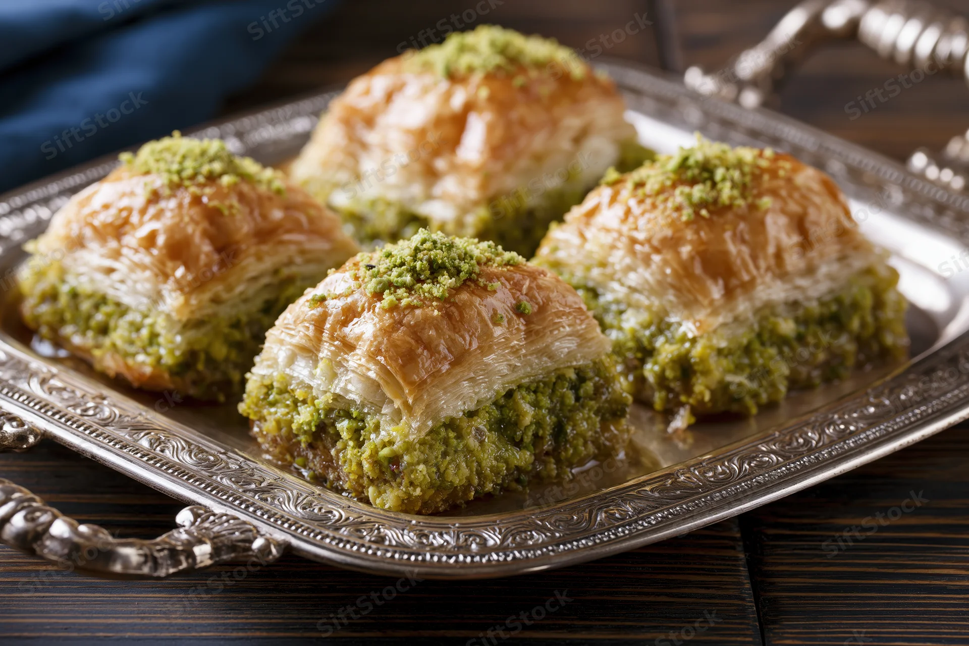 Square pistachio baklava pieces arranged on an ornate silver tray