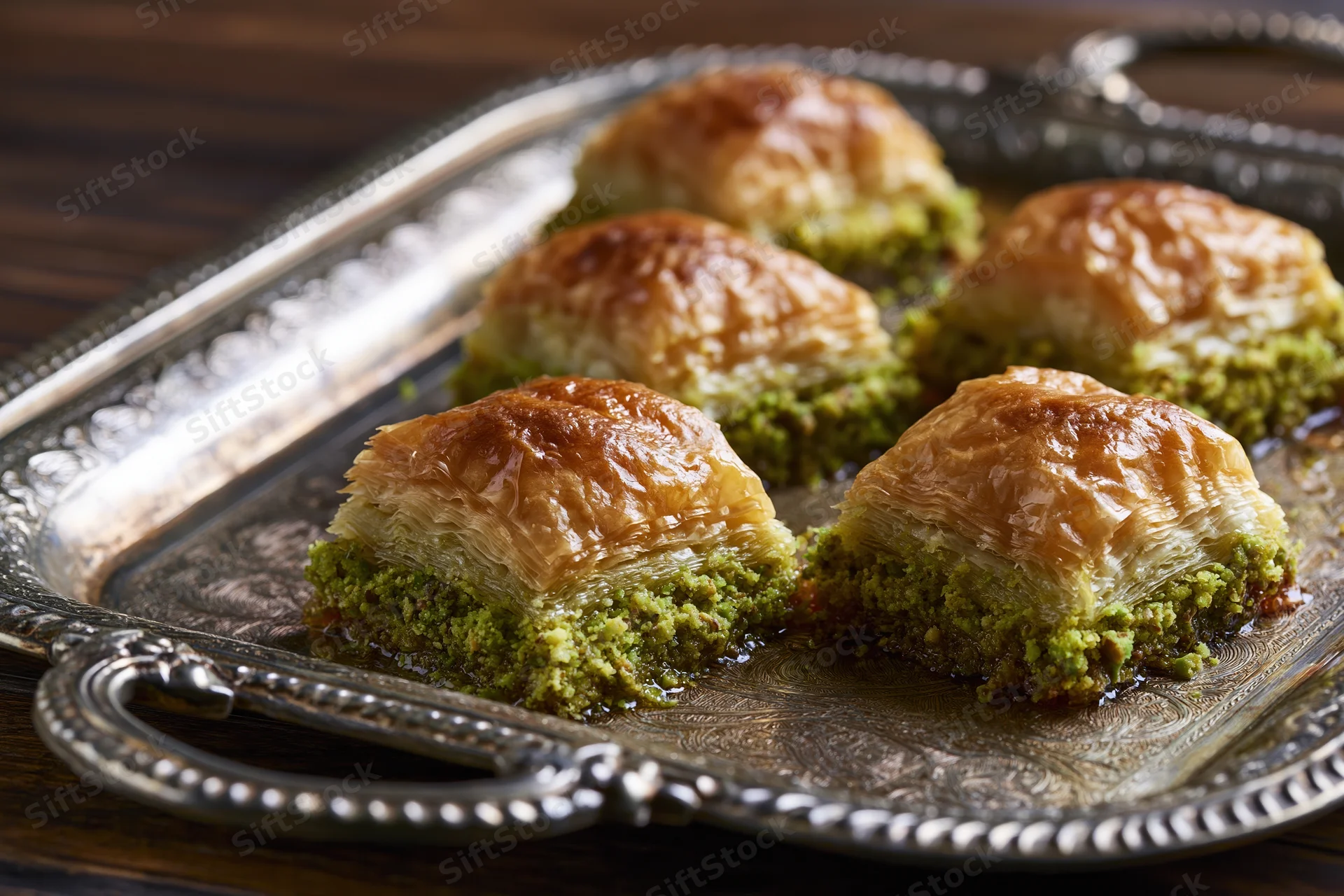 Square pistachio baklava pieces arranged on an ornate silver tray