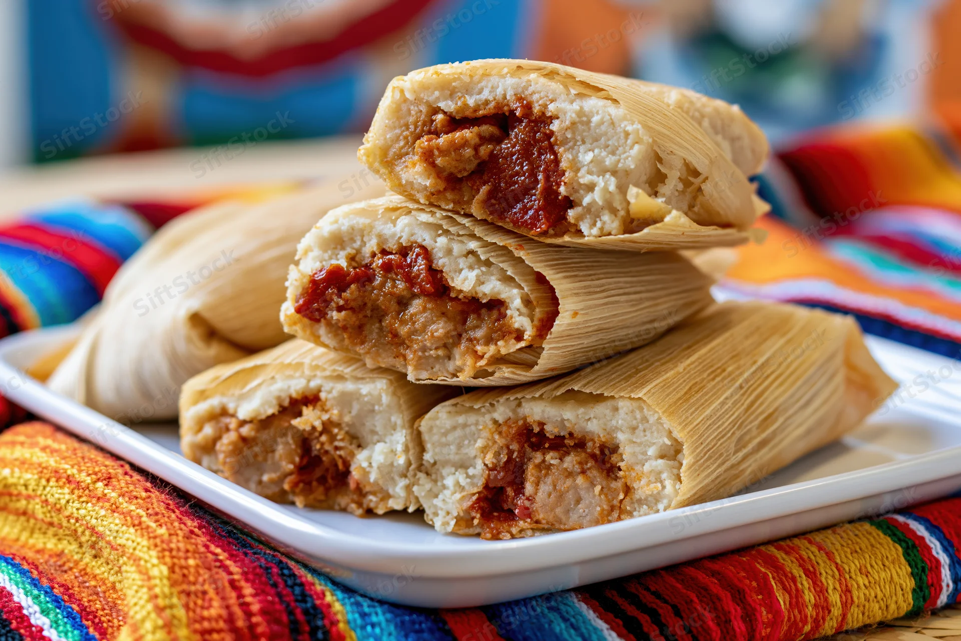 Stacked cross-cut tamales on a white plate resting on a colorful serape textile
