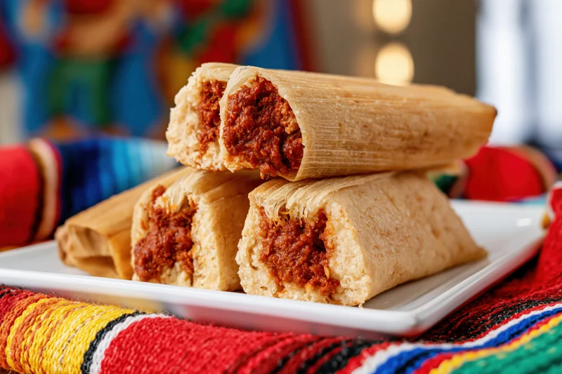 Stacked cross-cut tamales on a white plate resting on a colorful woven textile