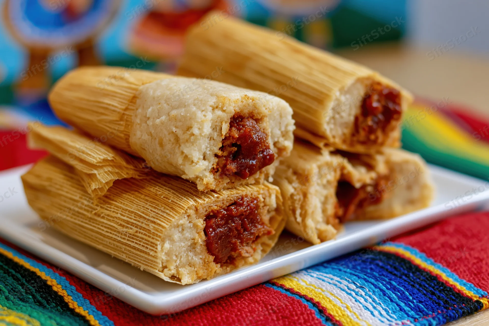 Stacked unwrapped tamales with visible meat filling on a white plate atop a colorful serape textile