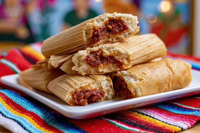Stacked tamales cut open to show meat filling on white plate over colorful striped cloth