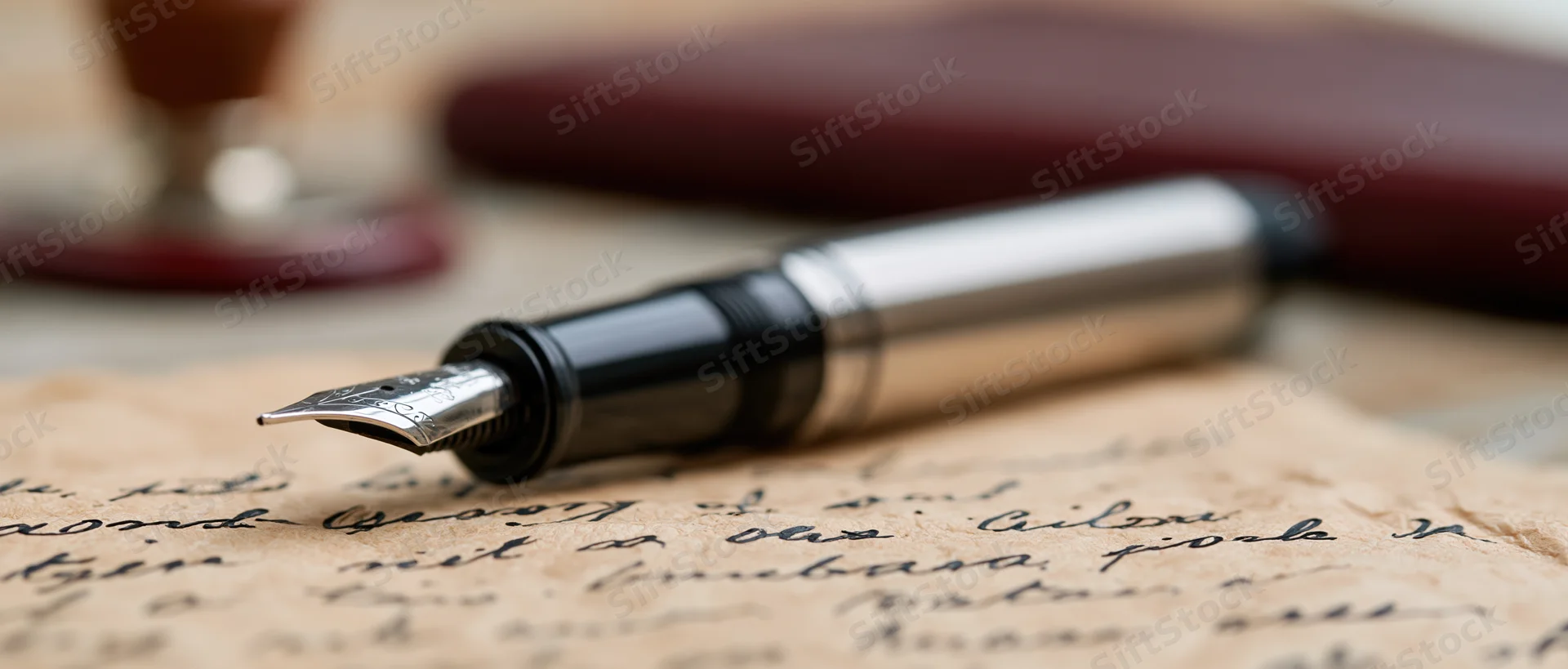 Silver and black fountain pen resting on aged parchment paper with handwritten script
