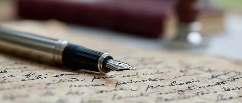 Silver and black fountain pen resting on aged parchment with handwritten script