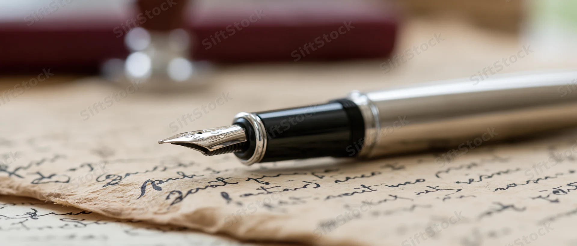 Silver and black fountain pen resting on aged parchment paper with handwritten script
