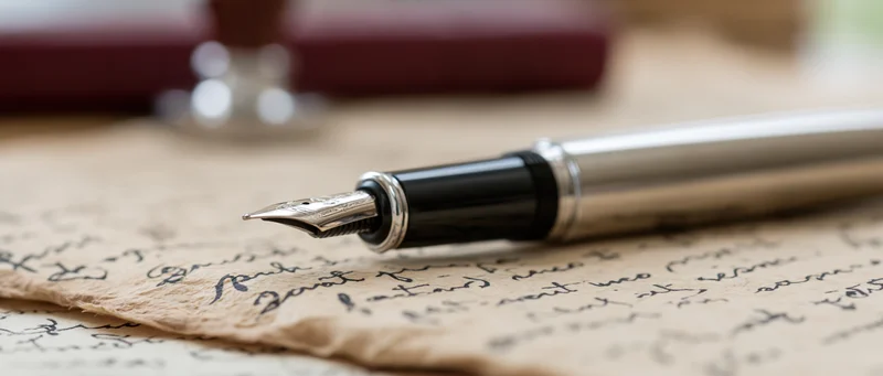 Silver and black fountain pen resting on aged parchment paper with handwritten script