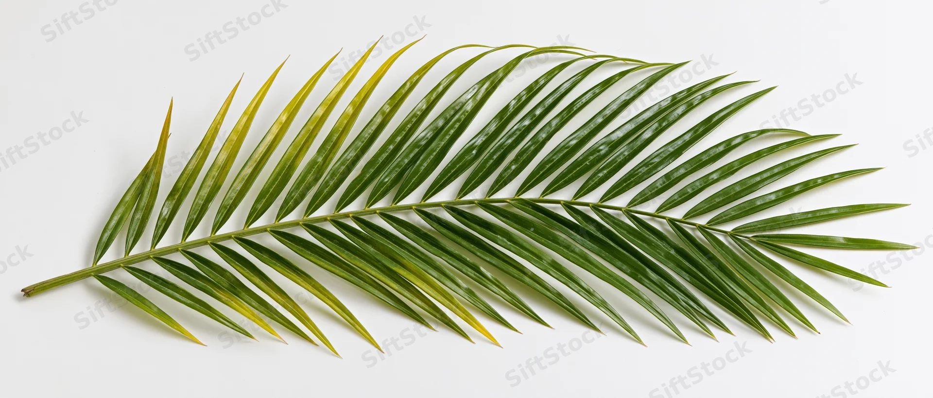Single tropical palm frond lying flat on white background