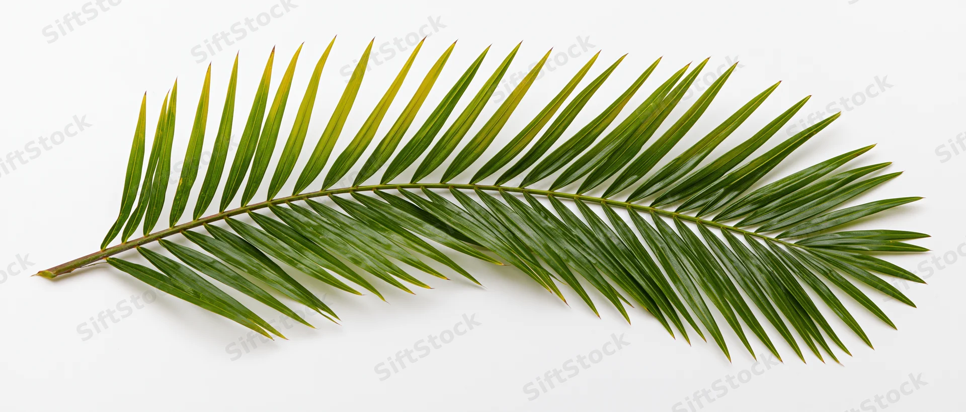 Single tropical palm frond lying flat on white background
