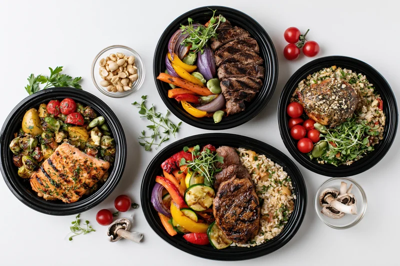Six black meal prep containers arranged in a circle with grilled proteins and vegetables on a white surface