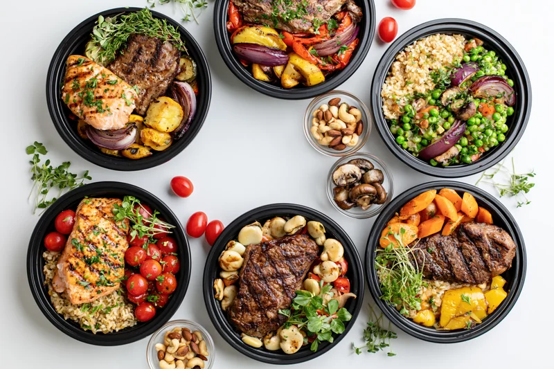 Six black meal prep containers arranged in a circle with grilled salmon, steak, vegetables and grains on white surface