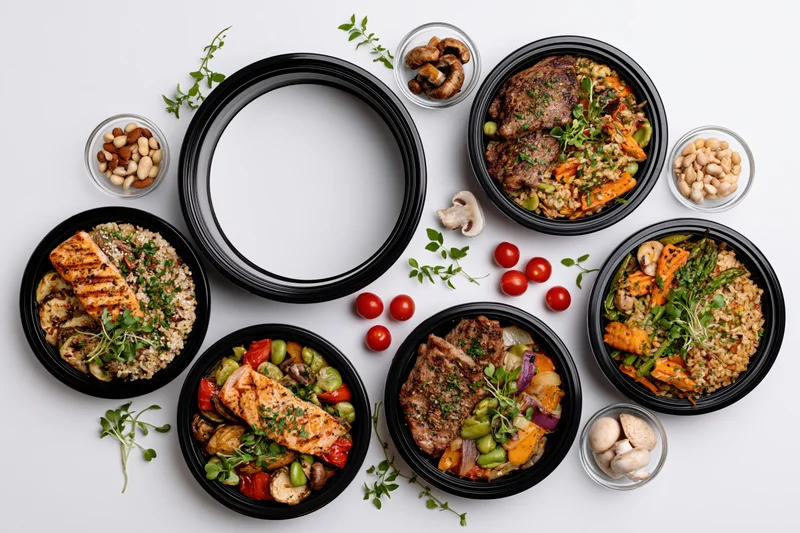 Six black plastic meal prep containers arranged in a circle with various cooked meals and garnishes on white background