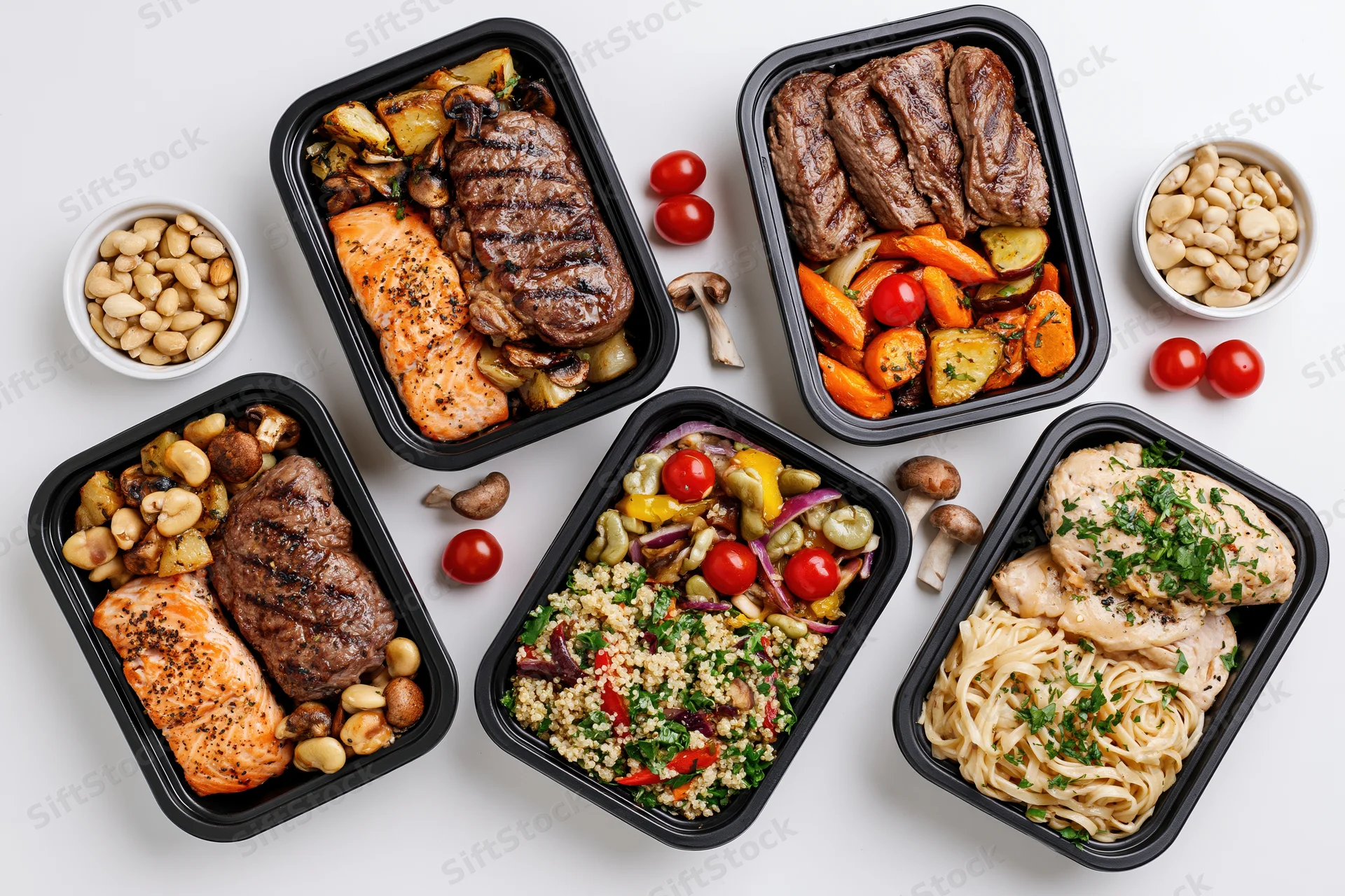 Six black meal prep containers filled with various cooked meals arranged on white surface
