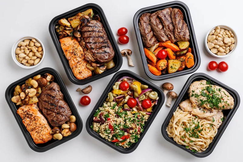 Six black meal prep containers filled with various cooked meals arranged on white surface