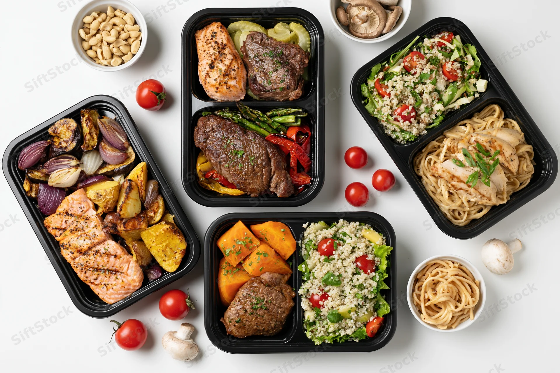 Six black meal prep containers filled with portioned meals of salmon, beef, vegetables, quinoa, and pasta arranged on white surface