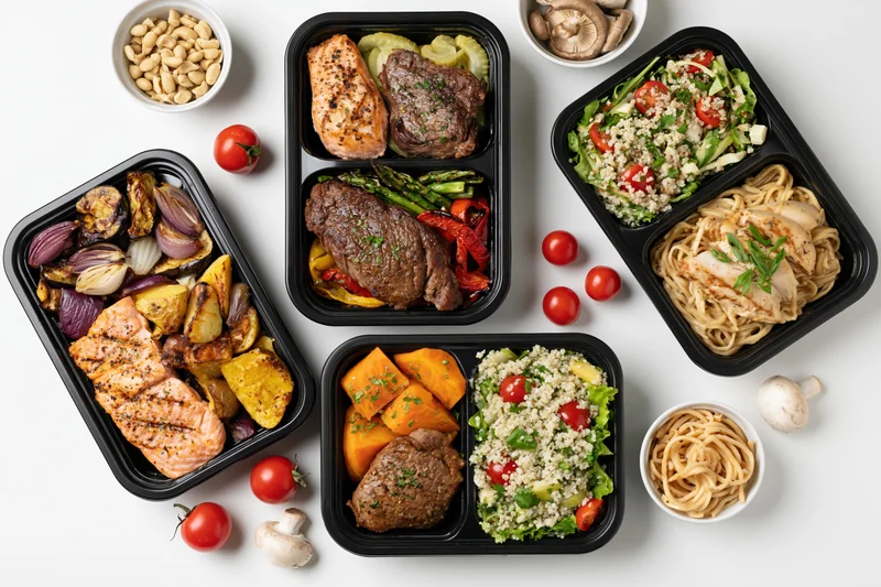 Six black meal prep containers filled with portioned meals of salmon, beef, vegetables, quinoa, and pasta arranged on white surface