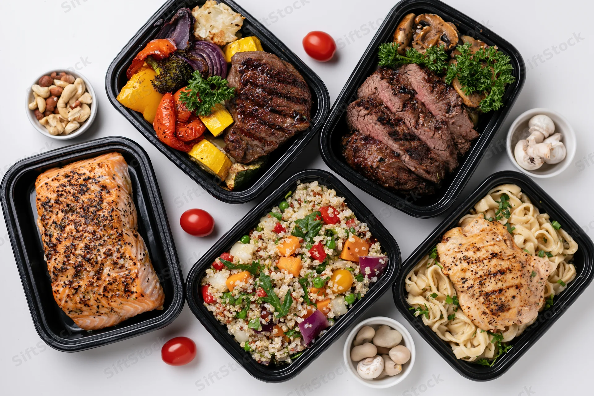 Five black meal prep containers with salmon, steak, chicken, quinoa and vegetables arranged on white surface
