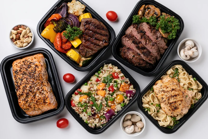 Five black meal prep containers with salmon, steak, chicken, quinoa and vegetables arranged on white surface