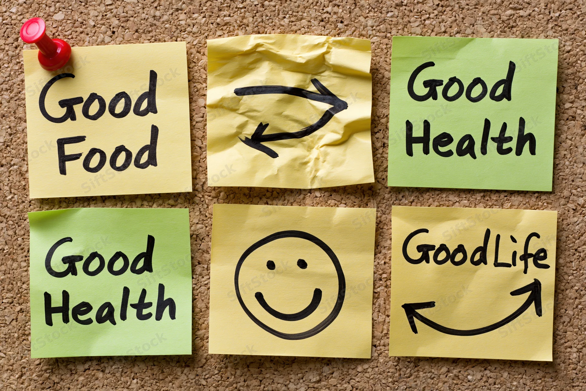 Six crumpled sticky notes with hand-written phrases and smiley face arranged in grid on corkboard