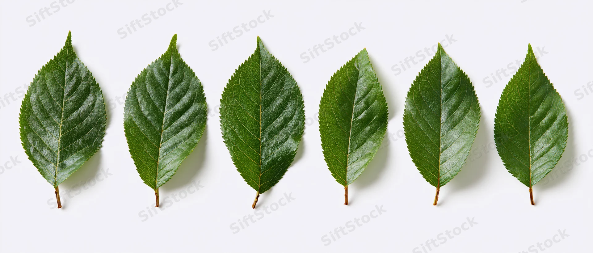 Six fresh green cherry leaves arranged in two rows on a white background