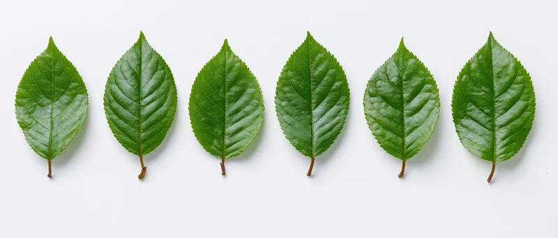 Six green cherry leaves arranged in a row on a white background