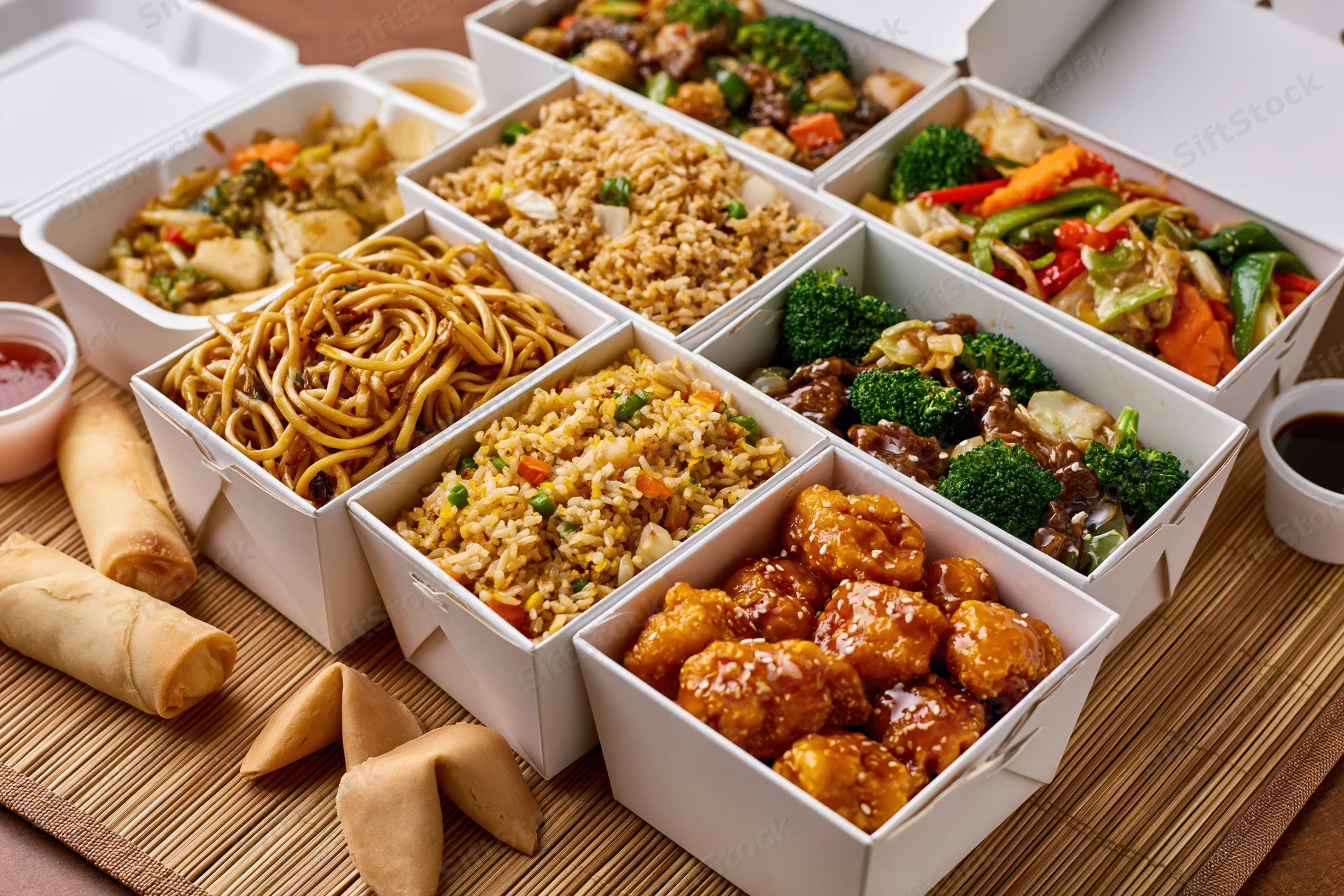 Multiple open white takeout boxes filled with various chinese dishes arranged on a bamboo mat