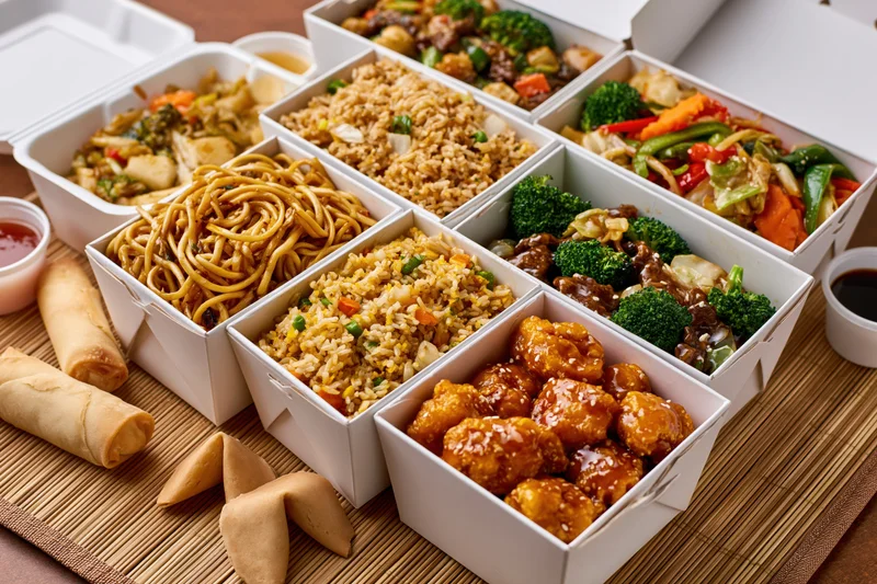 Multiple open white takeout boxes filled with various chinese dishes arranged on a bamboo mat