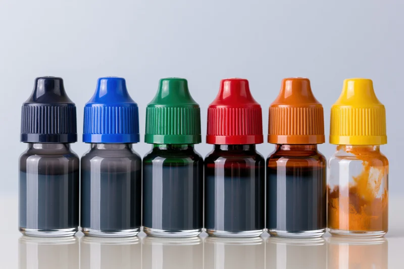 Six glass dropper bottles filled with colored paint arranged in a row on a reflective white surface